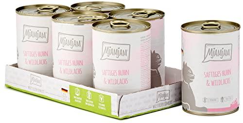 MjAMjAM - cibo umido premium per gatti - pollo succoso e salmone selvaggio, confezione da 6 (6 x 400 g), senza cereali con carne extra