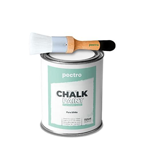 PECTRO Chalk Paint Vernice a Gesso 750ml + Pennello Tondo in Legno Pack - Pittura per Mobili Senza Carteggiare - Colori Efetto Polvere (BIANCO PURO)
