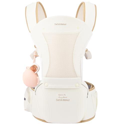 Bebamour Marsupio per neonati e bambini piccoli, seduta per i fianchi 0-36 mesi con cappuccio, 3 imbottiture anti-morso, prolunga per i fianchi, borsa portaoggetti e custodia per ciucci,beige