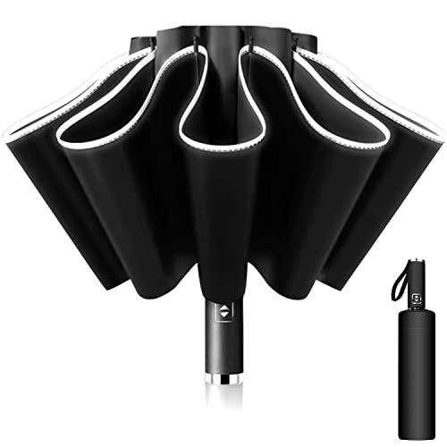 Ombrello Inverso Automatico, Ombrello Pieghevole Antivento, Ombrello Grande da Pioggia 10 Stecche Rinforzate per Uomo Donna, Diametro 105cm (Nero)