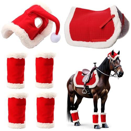 Costume di Natale per cavalli, accessori da indossare: 6 mantovane natalizie, decorazioni natalizie con pelliccia faux, un allegro cappello natalizio per casco da equitazione e sottosella occidentale