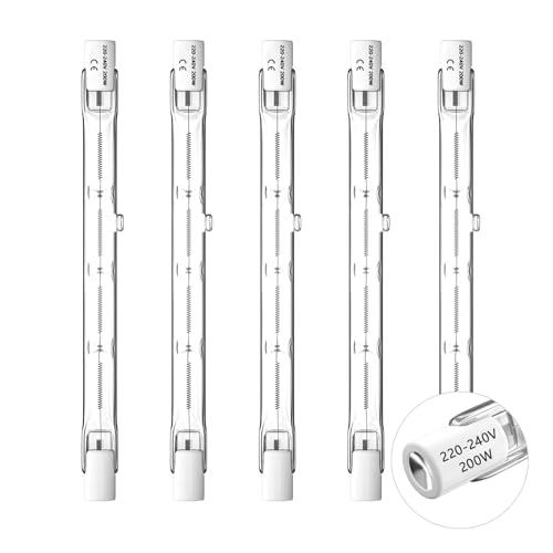 Lampadina R7S 5 pezzi lampadine alogene R7S T3 118mm 200W 220V-240, lampadina alogena di tipo J, 4650LM bianco caldo 3000K, adatta per lampade da terra, lampade stradali, lampade per paesaggi.