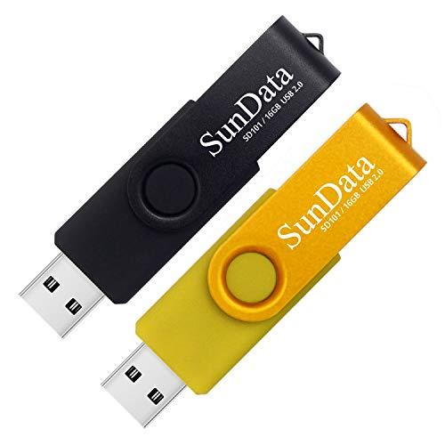 SunData Chiavetta USB 16GB 2 Pezzi PenDrive Girevole USB2.0 Flash Drive Thumb Drive Memoria Stick per Archiviazione Dati con Luce LED (2 colori: Nero Oro)