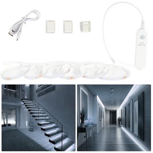 Hoobabuy Striscia LED con Sensore di Movimento e Sensore Luce, Batteria Ricaricabile, Rilevatore di Movimento, Illuminazione per Armadio, Scale, Cucina, 2M, Bianco Freddo 6500K