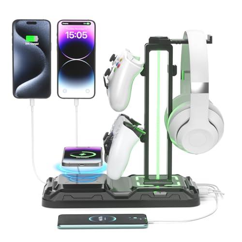 KDD Porta Cuffie da Scrivania con ricarica wireless - Supporto per Controller Ruotabile con 9 modalità di illuminazione - Stand Cuffie con 2 Porte USB e di Tipo C - Accessori Gaming per PC (Nero)