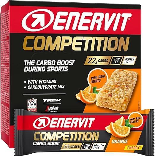 Enervit, Competition Bar Arancia, Barrette Energetiche con Pezzi d'Arancia, Formula Tecnica, Adatte Durante Attività ad Alta Intensità, 22g di Carboidrati, VeganOK, Senza Glutine, 12 Barrette da 30g