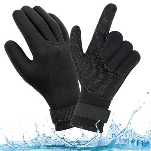 AUAUY Guanti in Neoprene Elastico Impermeabile, 3mm Guanti da Muta Termica, Guanti da Immersione con Polso Elastico e Particelle Antiscivolo, per Immersioni Snorkeling Surf Pagaia Kayak Nuoto (C-M)