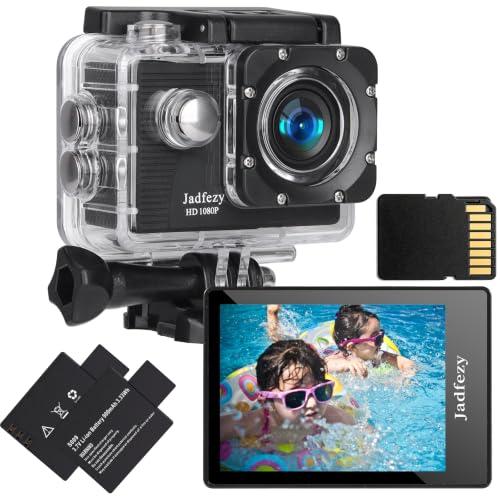 Jadfezy Action Cam 1080P con scheda di Memoria, Macchina Fotografica Subacquea impermeabile 30M, Fotocamera Subacquea con Due 900mAh Batterie Ricaricabili e Kit Accessori