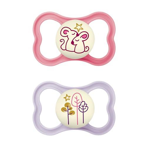 MAM Air Night Succhietto 6-16 Mesi (Set da 2), Ciuccio MAM 6-16 mesi che si illumina al buio per pelli sensibili, Kit da 2 accessori neonato con tettarella in silicone e porta ciuccio, Rosa & Viola