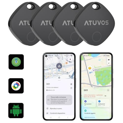 ATUVOS Dual System Air Tag Pro Tracker 4 pezzi Nero, Localizzatore Bluetooth Funziona con Android Google Funzioni Trova o iOS Apple Dov'è APP (Huawei non Supportato), per Bagagli, Borse, Portafoglio.