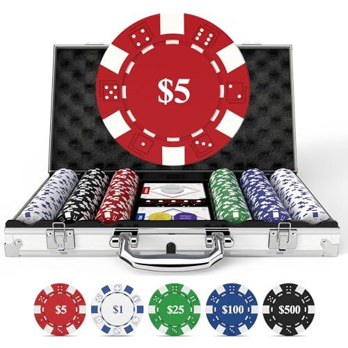 HEITOK Set di Fiches da Poker Valore, 300 Pezzi, Fiches Numerate da 11,5 Grammi con Custodia in Alluminio per Blackjack e Giochi da Casinò