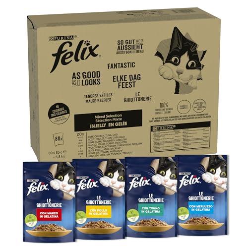 FELIX Le Ghiottonerie - Cibo Umido Gatto Adulto, Bocconcini in Gelatina con Manzo, Pollo, Merluzzo, Tonno. 80 Buste da 85 g