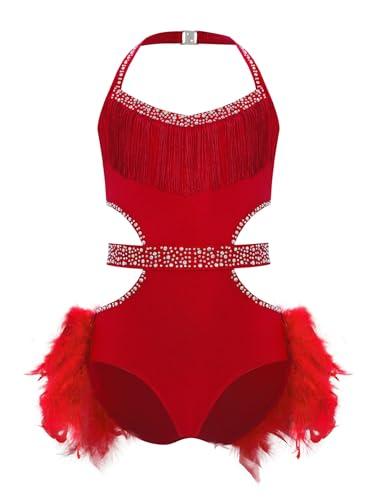 Monduelle Abito da Ballo Pattinaggio Bambina Latino Americano Ginnastica Leotards con Paillettes Piuma Costume Danza Samba Contemporanea Rosso 11-12 Anni
