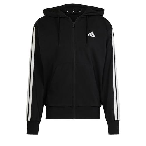 adidas Uomo Essential Three Stripes French Terry Fullzip Hoodie Sweatshirt, Black/White, M
