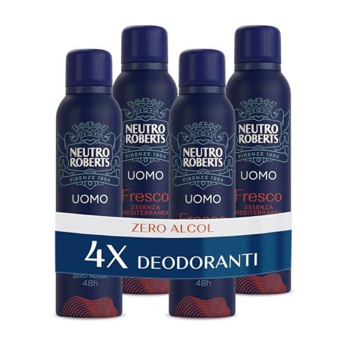 Neutro Roberts, Deodorante Spray Uomo Essenza Mediterranea, Con antiodore, Zero Alcol, Con Puro Olio di Glicerina, Deodorante Uomo, Dermatologicamente testato, 48h - 4 Pezzi da 150 ml