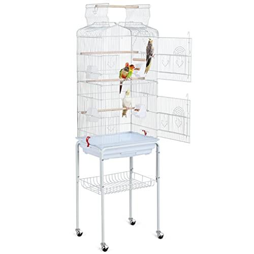 Yaheetech Gabbia Voliera per Uccelli Pappagalli Inseparabili Calopsite Parrochetti in Metallo con Piedistallo Ruote e Tetto Apribile 46 x 35,3 x 150,6 cm Bianca