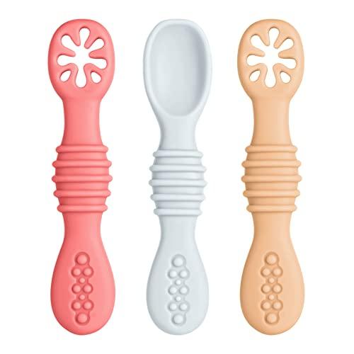 Vicloon 3 Pezzi Cucchiaino Svezzamento Silicone, Precucchiai per Neonati senza BPA, Cucchiai per Apprendimento per Bambini con Scanalature della Dentizione, per Bambini Fase 1 + Fase 2, Rosa