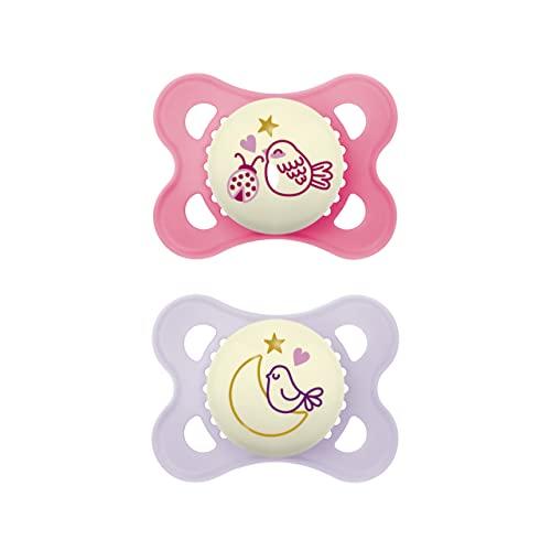 MAM Ciuccio originale Night in set da 2 pezzi, brillante e adatto ai denti, realizzato con materiali sostenibili e rinnovabili, con scatola per ciuccio, 0-6 mesi, uccello/luna