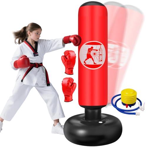 Qoosea Sacco da Boxe per Bambini 6-12 Anni, 160cm Stabile Sacco da Boxe Gonfiabile con Guanti da Boxe, Pratica di Taekwondo Karate Attrezzatura da Allenamento MMA, Regalo per Ragazzi Ragazze