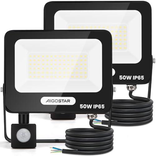 Aigostar 50W Faretto LED da Esterno con Sensore di Movimento，2 pezzi，4600 LM，Bianco Naturale 4000K，IP65 Impermeabile Faretti Led per Interno，Giardino， Cortile，Patio，Garage