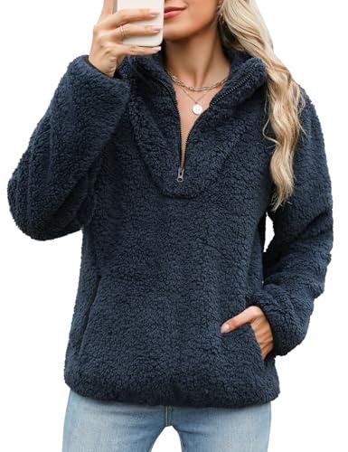 Tuopuda Donna Felpe Senza Cappuccio Pullover Pile Tops Termico Manica Lunga Felpe con Zip Tasche Maglione Caldo Autunno Invernali Sweatshirt Eleganti Hoodie Fleece Jumper Maglietta, Marina, XL
