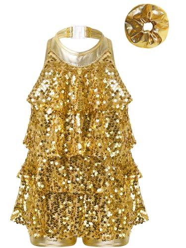 inhzoy Vestito da Ballo Latino Americano Bambina Abito da Pattinaggio Artistico con Paillettes Lucide Abito da Balletto Ballo Tango Moderno Jazz Costume da Danza Samba Oro 9-10 Anni