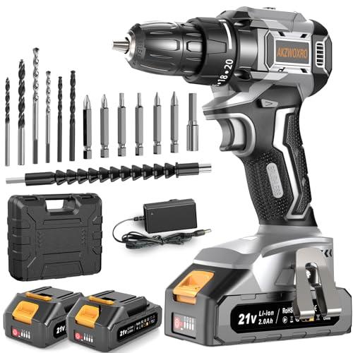 AKZWOXRO Trapano Avvitatore Batteria 21V, Brushless Avvitatore a Batteria con 2 Batterie da 2.0Ah, 45N.m di Coppia, 2 Velocità, 20+1 Coppia, 14 Accessori, Luce a LED, Per il fai da te, Grigio