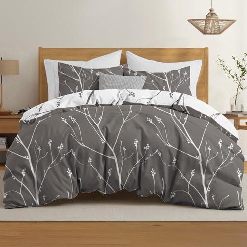 Dreamzie Copripiumino Matrimoniale 220x240 cm con 2 Federe 50x70 cm - In Microfibra - Motivo a Rametti Grigi - Set Copripiumino Matrimoniale 220x240