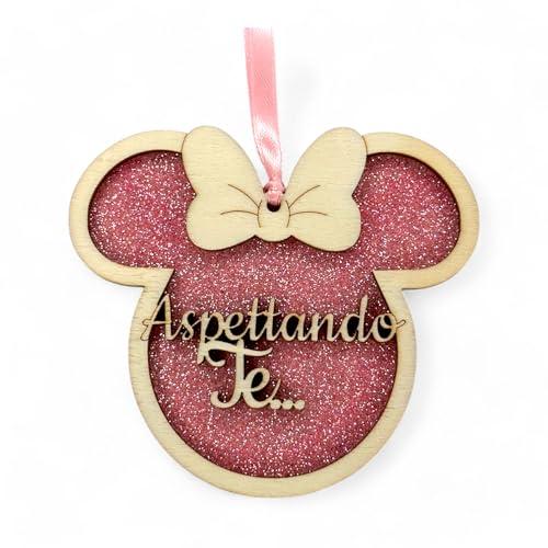 WHITE COMET Pallina in legno Topolino e Topolina, con Eva Glitter, Bimbo o Bimba - ASPETTANDO TE, Idea MADE IN ITALY da Appendere all'Albero di Natale (Rosa)