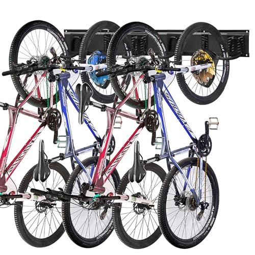 Mimoke Supporto da parete per bicicletta verticale, regolabile, per bicicletta elettrica, mountain bike e bici da strada, per biciclette e ganci per casco (per 4 biciclette)