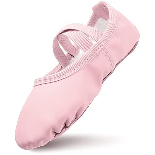 Scarpette Danza Classica Bambina in Pelle Scarpe da Ballo Fodera in Cotone Ispessito Ragazze Ballerina Scarpe con Cinghie Elastiche Incrociate Colore Rosa EU 24