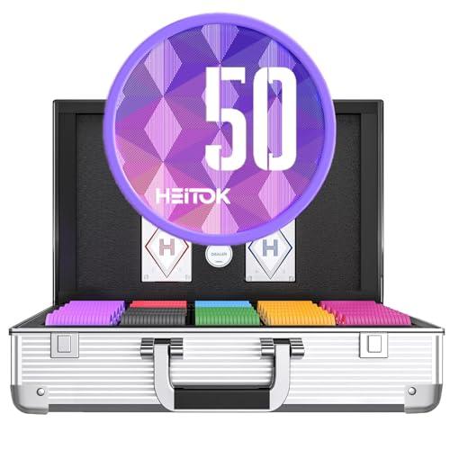 HEITOK Set da poker con chip numerati, 1000 fiches da casinò ponderate da 11,5 g, 2 mazzi con custodia impermeabile per giochi Texas Holdem e Blackjack