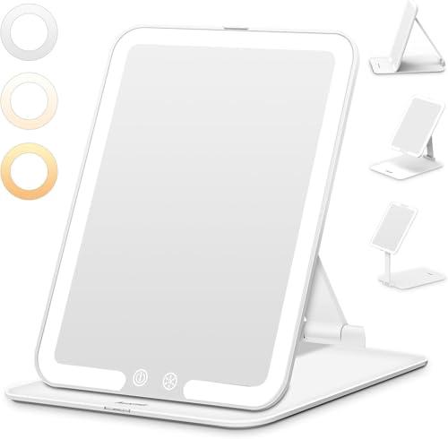 Auxmir Specchio Trucco con Luci Ricaricabile, 3 Modalità di Luci Luminosità Regolabile, Specchio Trucco Pieghevole Portatile con Interruttori Sfioramento Funzione Memoria, Compatto per Viaggio e Casa