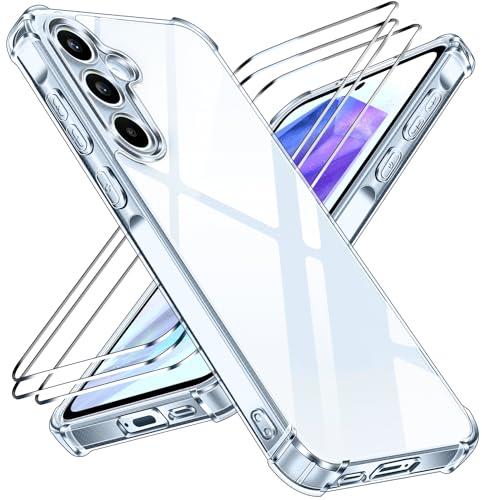 iVoler Anti Ingiallimento Chiaro Cover per Samsung Galaxy A55 5G con 3 Pezzi Vetro Temperato, Custodia Antiurto Trasparente per Assorbimento degli Urti con Paraurti in TPU Morbido Sottile Case