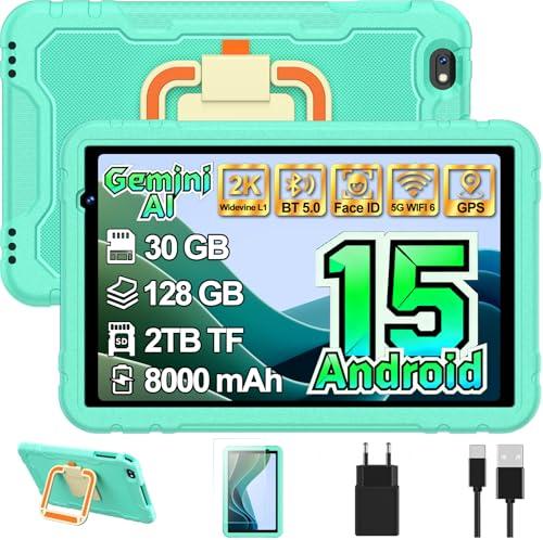 Tablet bambini 10 Pollici Android 15 con Gemini AI, 30 + 128GB, Octa-Core, WiFi6, BT 5.0, Widevine L1, 8000mAh, Controllo Parentale, Custodia protettiva EVA antiurto + Staffa girevole a 360° - Verde