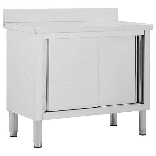 vidaXL Banco da Lavoro con Ante Scorrevoli Igienico Robusto Tavolo Cucina Ristorante Porta Attrezzi Officina 100x50x(95-97) cm in Acciaio Inox