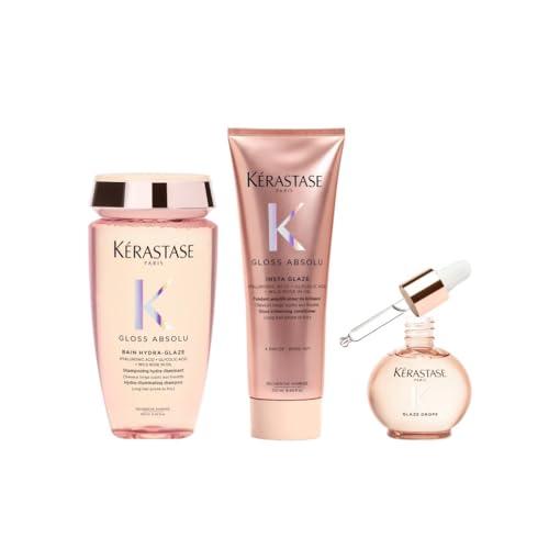 Kérastase, Gloss Absolu, Kit Shampoo + Balsamo + Olio per Capelli Crespi, Con Acido Glicolico e Acido Ialuronico, Bain Hydra-Glaze + Fondant Insta Glaze + Glaze Drops, 250ml+250ml+45ml
