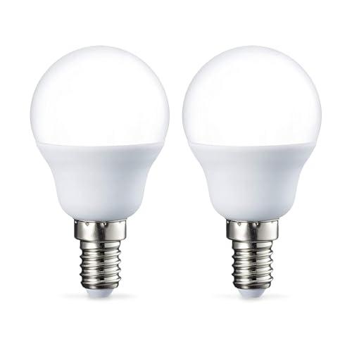 Amazon Basics Lampadina piccola a forma di palla da golf, P45, a LED, attacco Edison E14 (SES), 5.5 W (equivalente a 40 W), luce bianca calda, non dimmerabili, confezione da 2