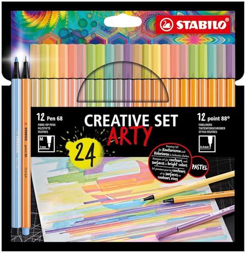 Stabilo ARTY Creative Set - Set Creativo - Astuccio da 24-11 Fineliner point 88 + 13 Pennarelli Premium Pen 68 - Colori Pastello