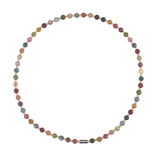 Collana Choker in Pietre Naturali Fatto a Mano per Donne e Uomini - Tormalina Colorata con Perle da 6mm e Perle Placcate Oro 3mm - Elastico 50cm con Chiusura Magnetica