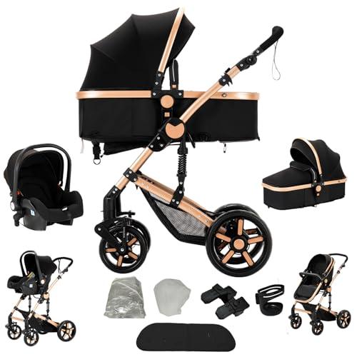 Veitoalioy Passeggino 3 in 1 Trio Neonati, Per Neonato 3 in 1 Passeggini, Carrozzino multifunzione, Passeggino Pieghevole (588 Black Gold)