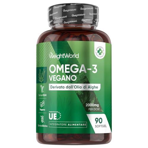 Omega 3 Vegan in 90 Softgel da 2000 mg, DHA, EPA, Omega3 Vegetale da Olio Algale, DHA ed EPA Contribuiscono al Mantenimento di Livelli Normali di Trigliceridi nel Sangue (EFSA), Senza Glutine né OGM