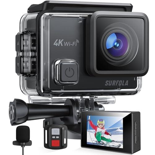Surfola Action Cam 4K Subacquea 40M, WiFi Videocamera EIS, Fotocamera per Casco, 170° Grandangolare Time-Lapse, Mic Esterno, Telecomando2.4G, 2x1050mAh Batterie
