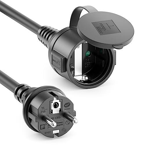 deleyCON 5m Cavo di Prolunga da Esterno IP44 (H07RN-F 3G1.5mm²) Cavo Elettrico di Prolunga in Gomma Resistente alle Intemperie per Uso Esterno - Spina con Contatto di Protezione a Presa - Nero