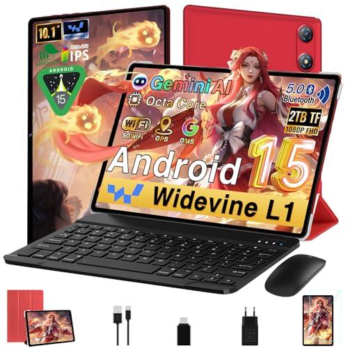 Tablet Android 15 Tablet 10 Pollici Gemini AI, 64GB ROM +2TB TF, 5G WiFi, Octa-Core, Bluetooth 5.0, 5MP+8MP, 1280*800 FHD IPS, GMS Certificazione, Widevine L1, Tablet 2 in 1 con Tastiera e Mouse,Rosso