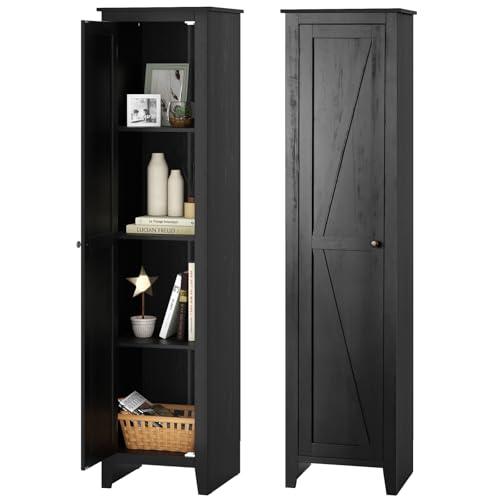 COSTWAY Mobile Bagno 43 x 39,5 x 183 cm, Colonna Bagno con Ante e 4 Ripiani, Armadietto Salvaspazio Alto a Colonna in MDF, per Soggiorno, Cucina e Ufficio (Nero)