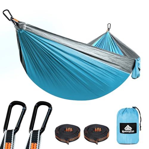 NTUREFUN Amaca da Campeggio da Viaggio Ultraleggera | Capacità di Carico 300kg,(275 x140 cm) Traspirante,Nylon da Paracadute ad Asciugatura Rapida | 2 x Moschettoni, 2 x Corde in Nylon Incluse