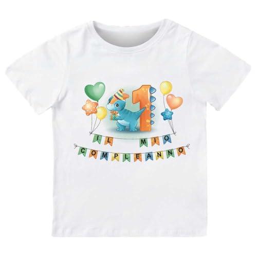 T-shirt in cotone adatto al compleanno 1 anno con tema dinosauro (Bianco, 1/2 anni)