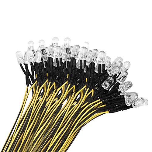YIXISI 50 Pezzi 5mm Diodo ad Emissione Luminosa LED, Precablata 12V 20cm, per Trasformazione e Illuminazione di Circuiti Automobilistici, Modellazione di Prototipi, Giallo
