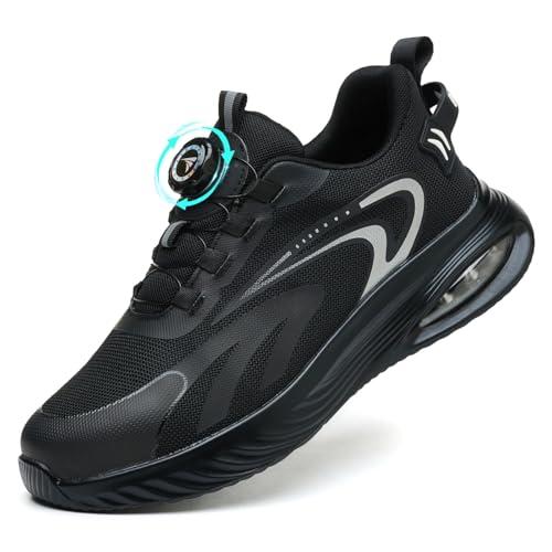 AEKYIWL Scarpe Antinfortunistiche Uomo Donna Scarpe da Lavoro Leggere Traspiranti Comode Scarpe Sicurezza con Lacci Fibbia Girevole Regolazione Rapida Nero, 45 EU